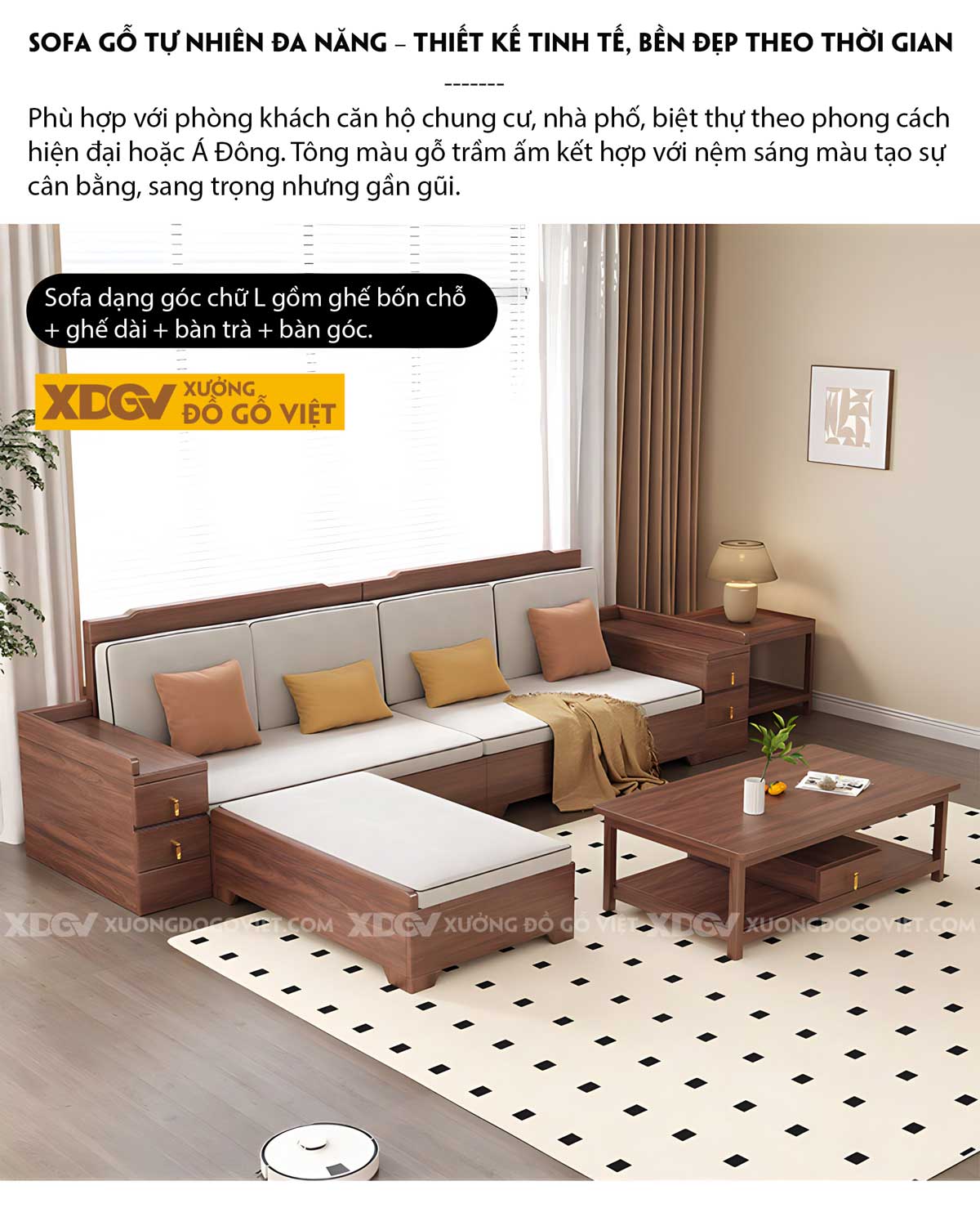 Bộ Sofa Gia Đình Gỗ Sồi Góc L Tay Vịn To Tích Hợp Ngăn Kéo