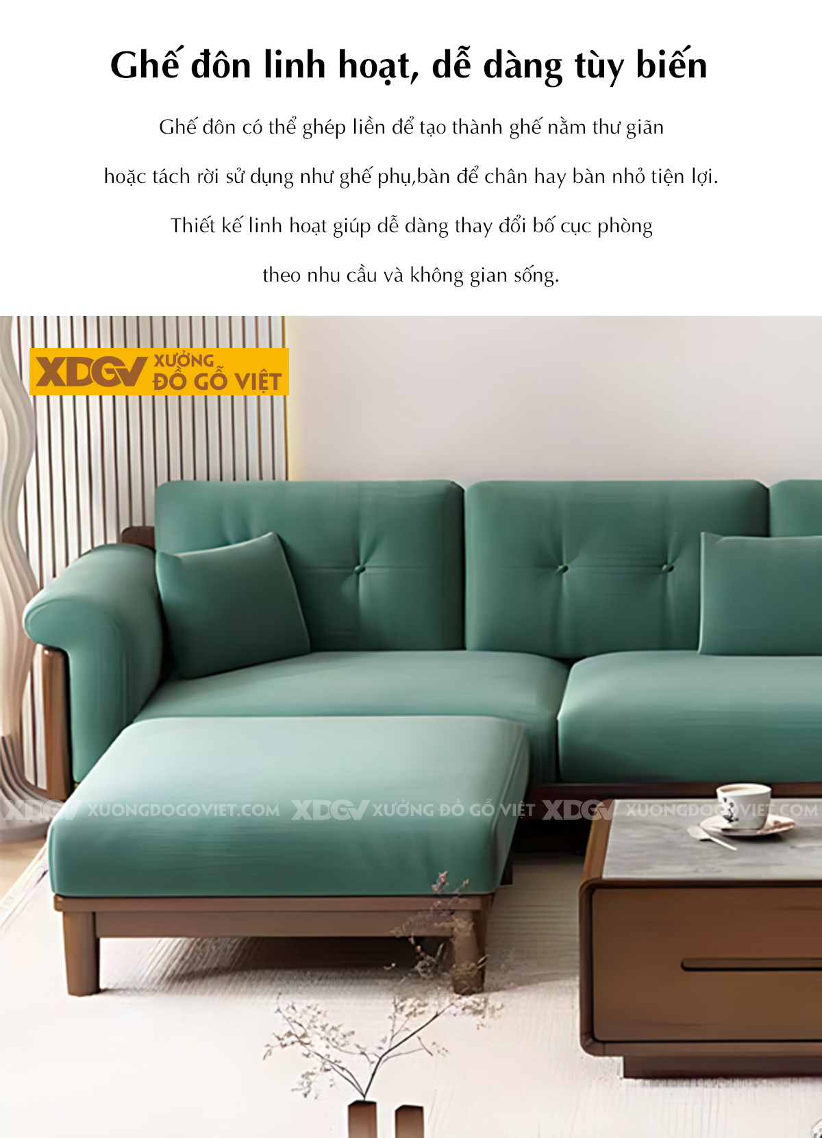 Bộ Sofa Gỗ Cao Su Tay Ghép Tấm Liền Mạch Bọc Nệm Cao Cấp
