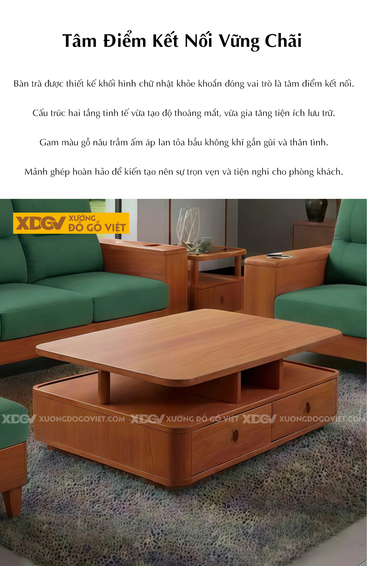 Bộ Sofa Gỗ Gõ Đỏ Sang Trọng Thiết Kế Tay Vuông Phối Ngăn Kéo