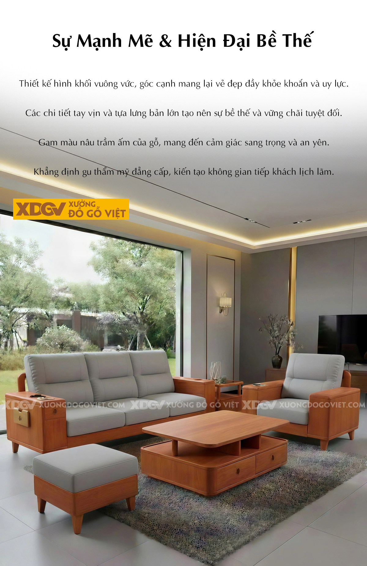 Bộ Sofa Gỗ Gõ Đỏ Sang Trọng Thiết Kế Tay Vuông Phối Ngăn Kéo