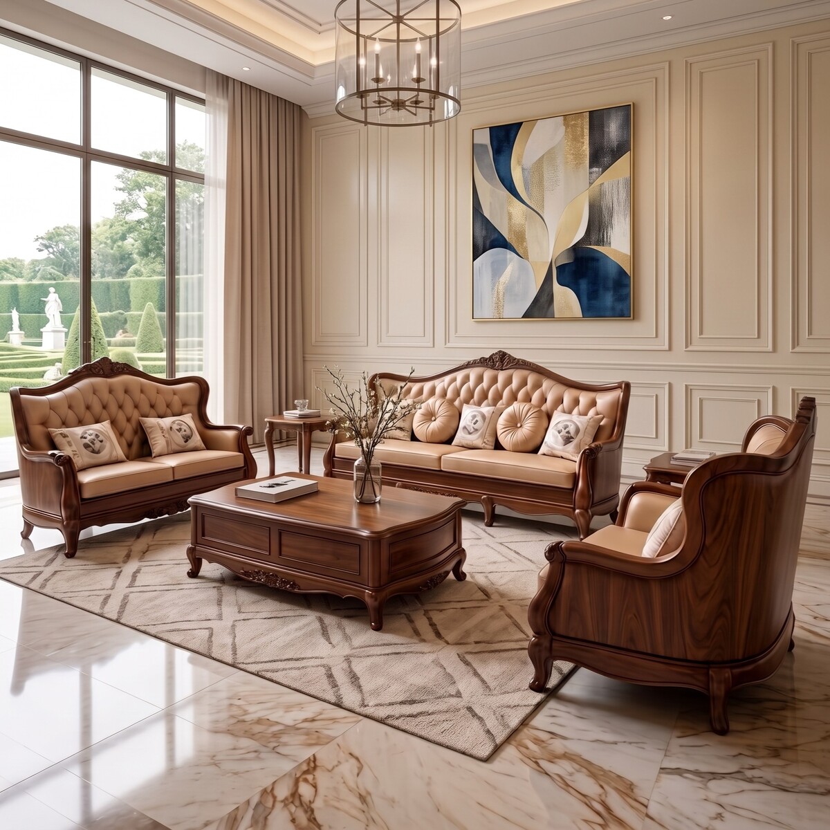 Bộ Sofa Gỗ Óc Chó Tân Cổ Điển Hoàng Gia Bọc Nệm Cao Cấp