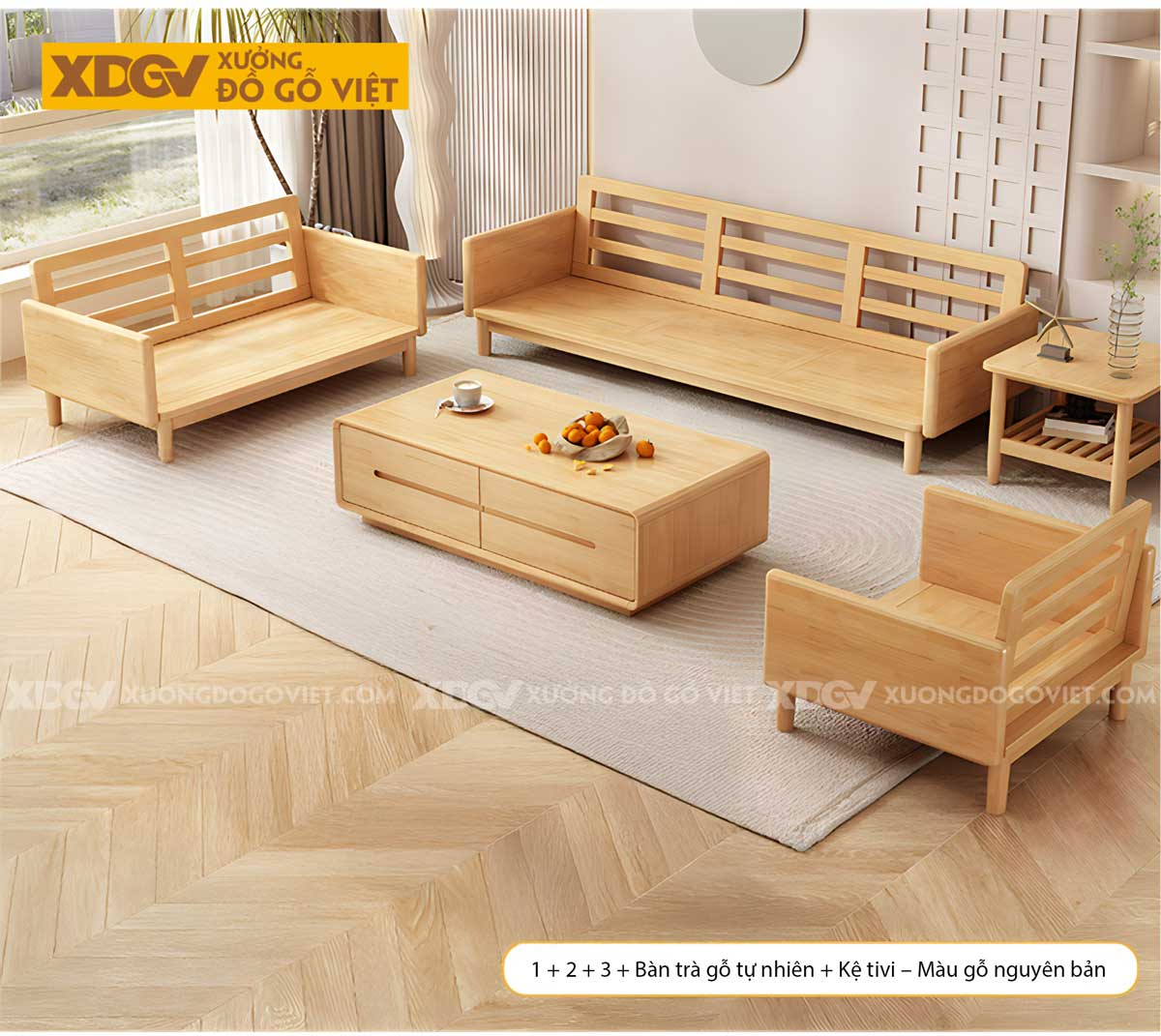 Bộ Sofa Gỗ Sồi Phòng Khách Japandi Nệm Cao Cấp Bao Tay Tựa