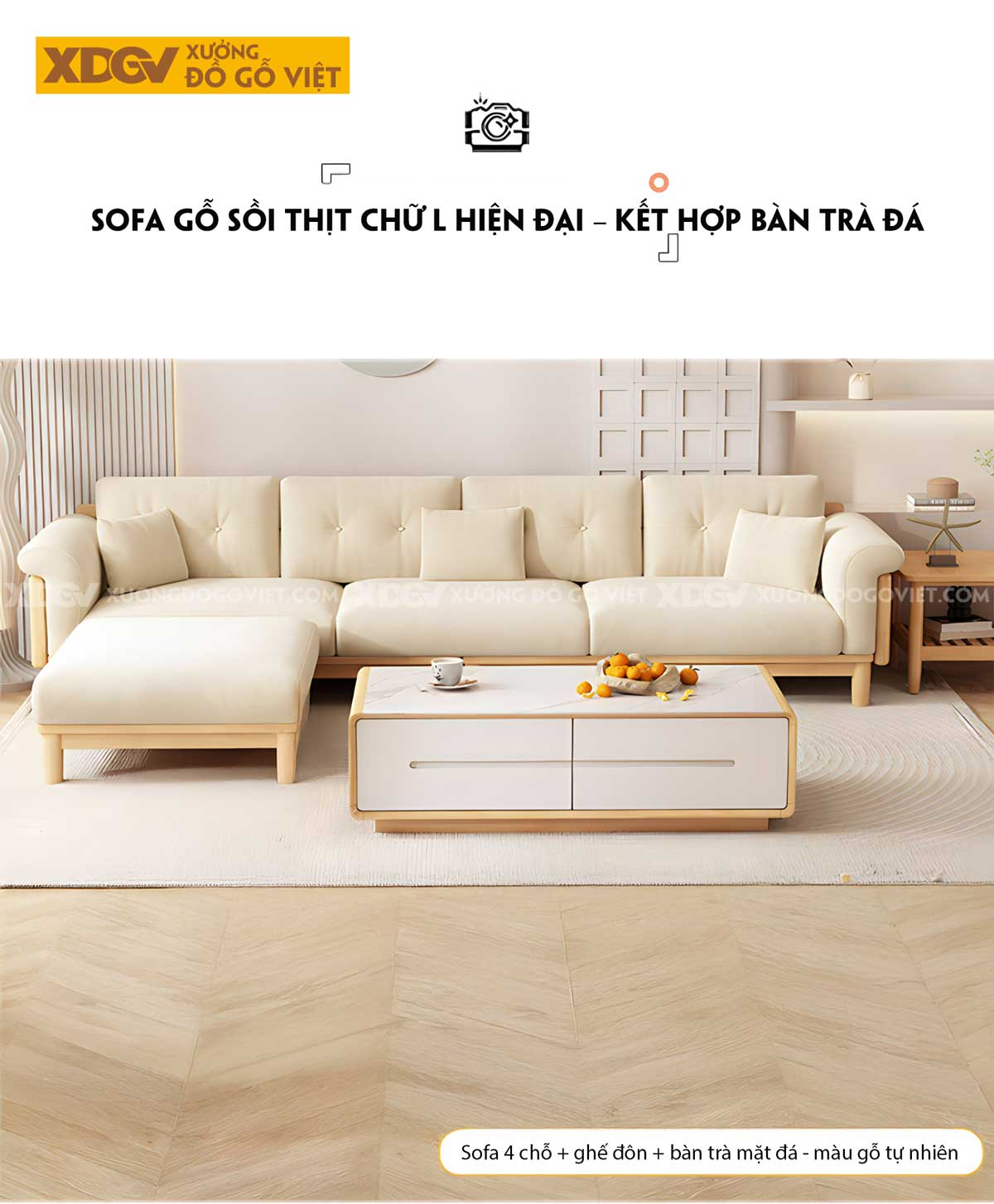 Bộ Sofa Gỗ Sồi Phòng Khách Japandi Nệm Cao Cấp Bao Tay Tựa