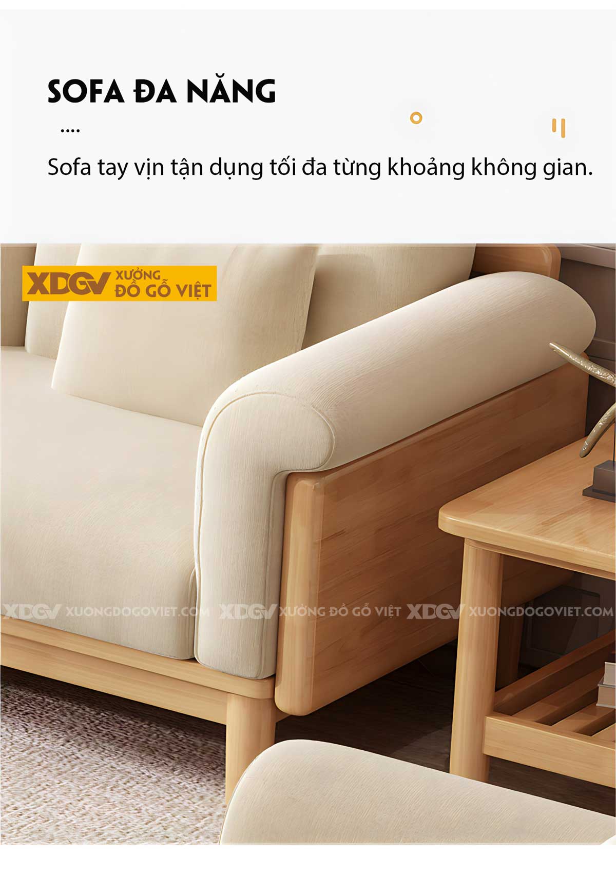Bộ Sofa Gỗ Sồi Phòng Khách Japandi Nệm Cao Cấp Bao Tay Tựa