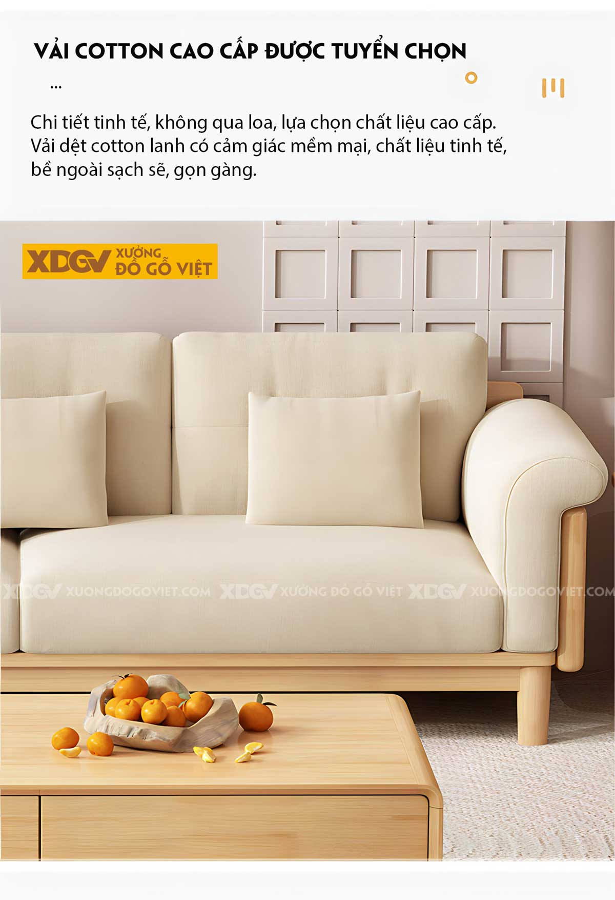 Bộ Sofa Gỗ Sồi Phòng Khách Japandi Nệm Cao Cấp Bao Tay Tựa