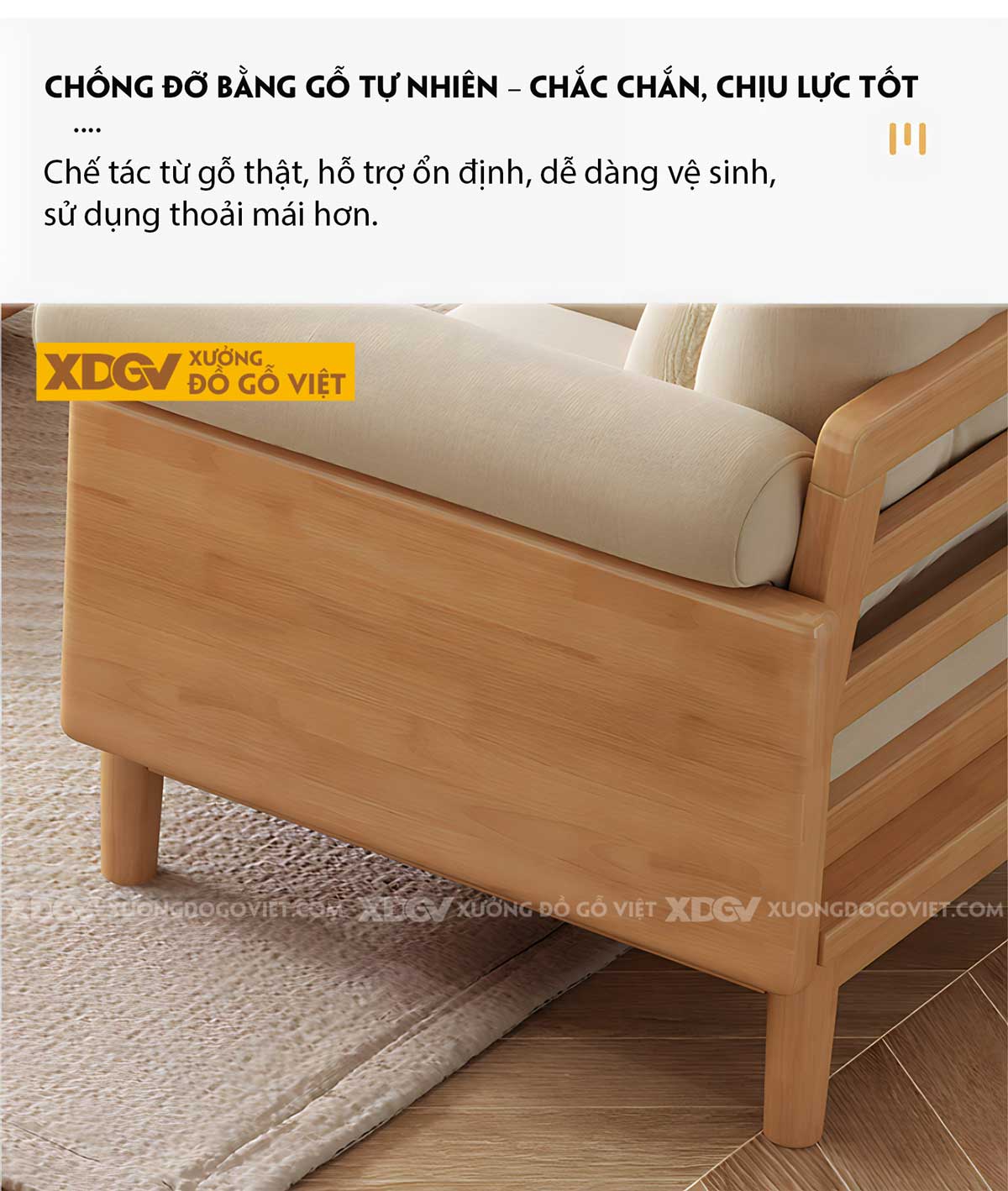 Bộ Sofa Gỗ Sồi Phòng Khách Japandi Nệm Cao Cấp Bao Tay Tựa