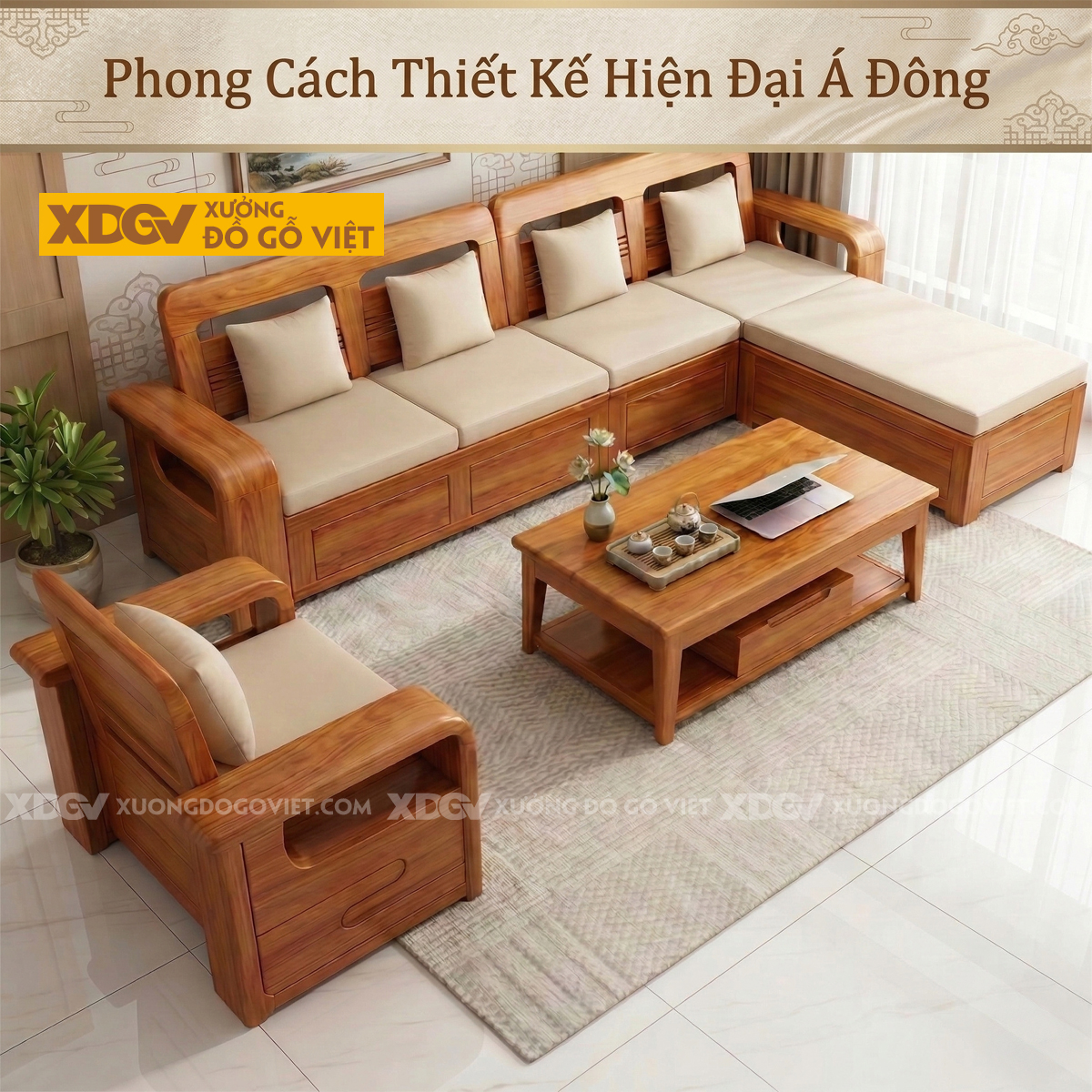Bộ Sofa Góc L Phòng Khách Gỗ Lim Tựa Thoáng Khí Họa Tiết Sọc