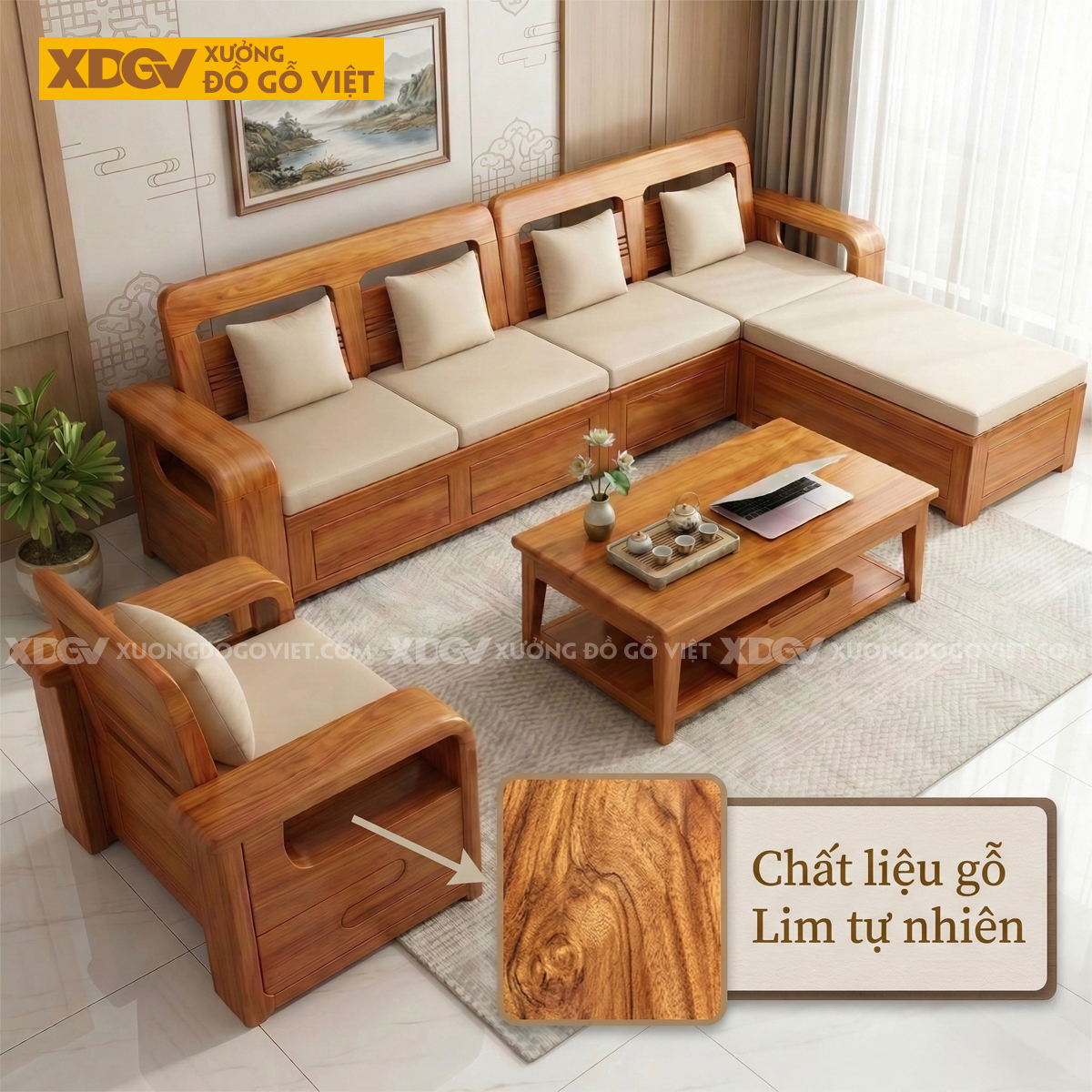 Bộ Sofa Góc L Phòng Khách Gỗ Lim Tựa Thoáng Khí Họa Tiết Sọc
