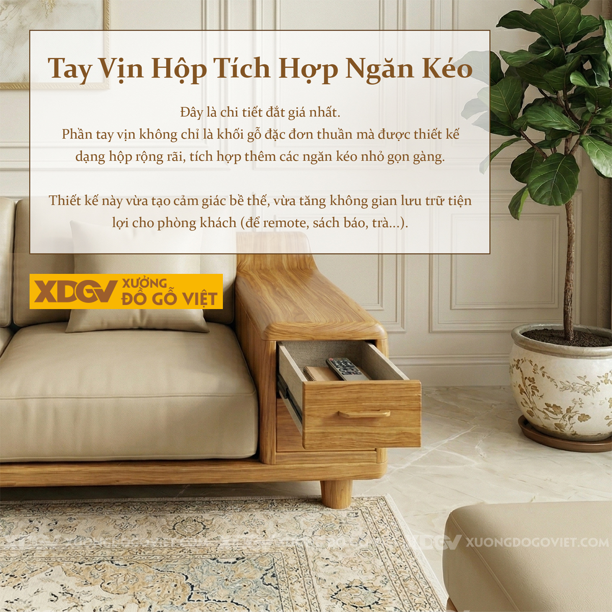 Bộ Sofa Hiện Đại Gõ Đỏ Phối Tay Ngăn Kéo Kèm Tựa Thoáng Khí