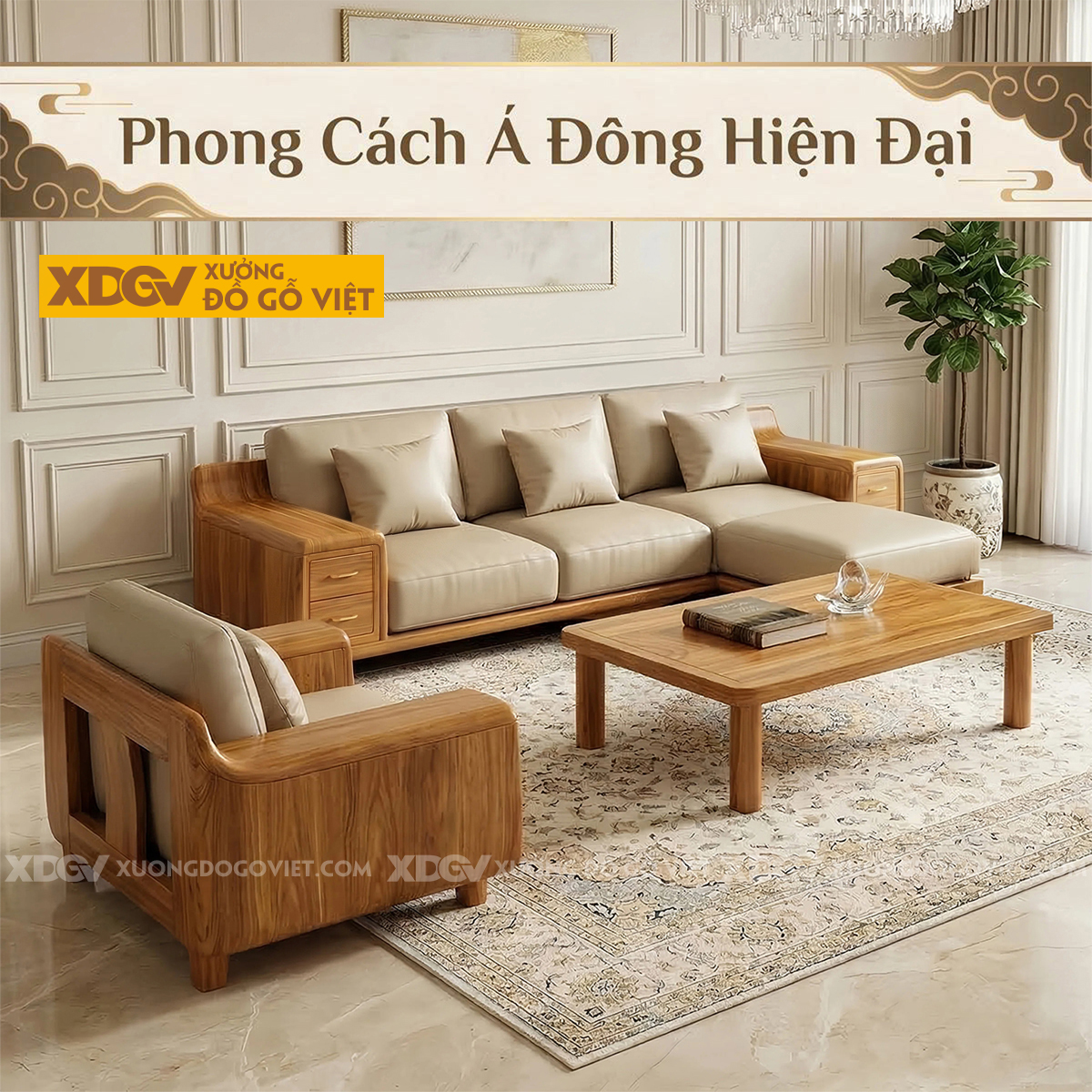 Bộ Sofa Hiện Đại Gõ Đỏ Phối Tay Ngăn Kéo Kèm Tựa Thoáng Khí