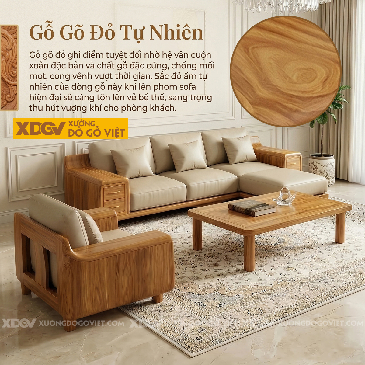 Bộ Sofa Hiện Đại Gõ Đỏ Phối Tay Ngăn Kéo Kèm Tựa Thoáng Khí