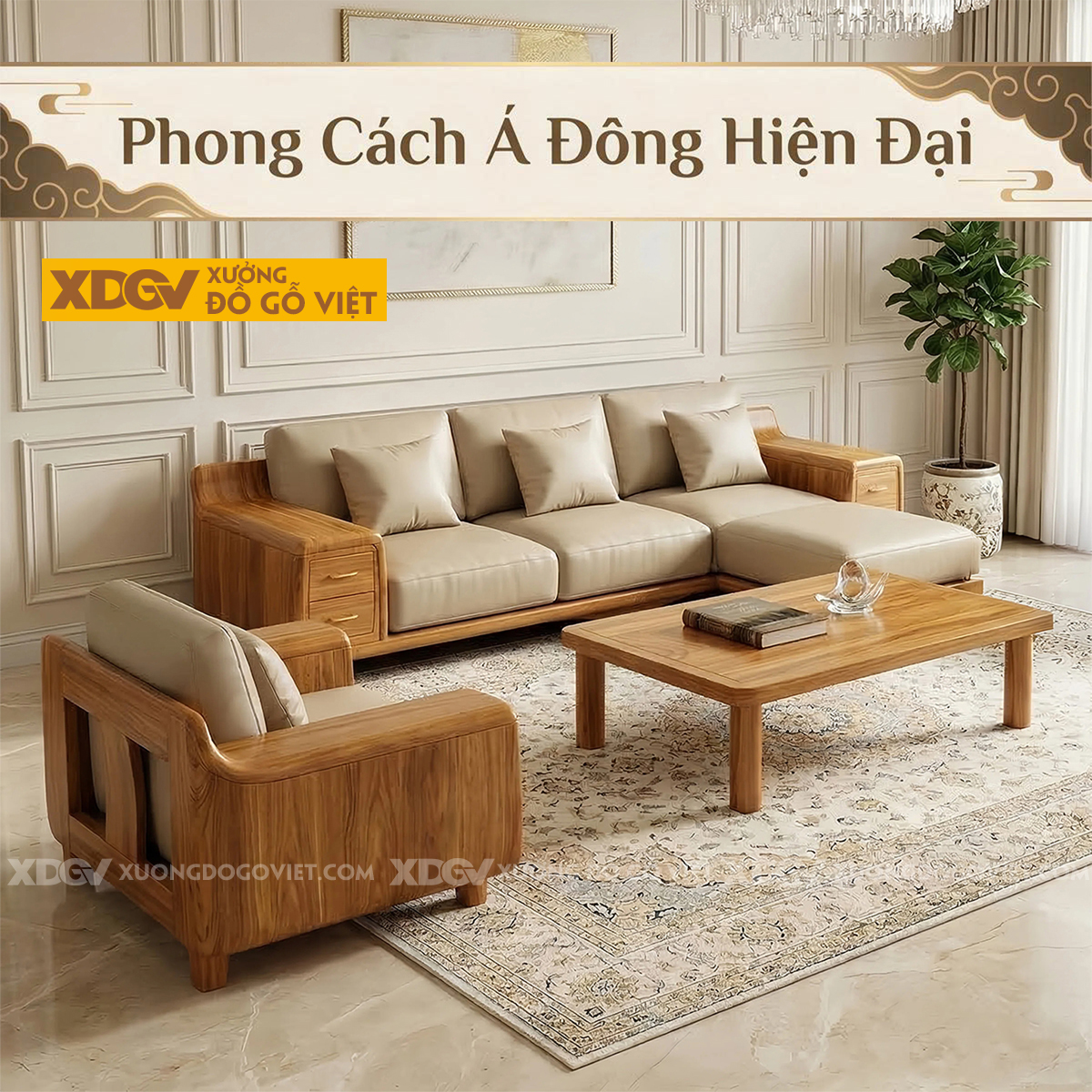 Bộ Sofa Hiện Đại Gõ Đỏ Phối Tay Ngăn Kéo Kèm Tựa Thoáng Khí