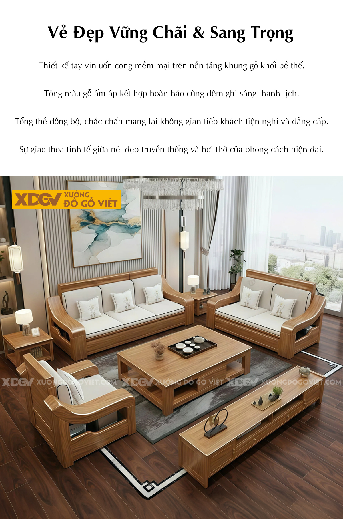 Bộ Sofa Phòng Khách Gỗ Gõ Đỏ Chân Bệt Tay Cong Nghệ Thuật 