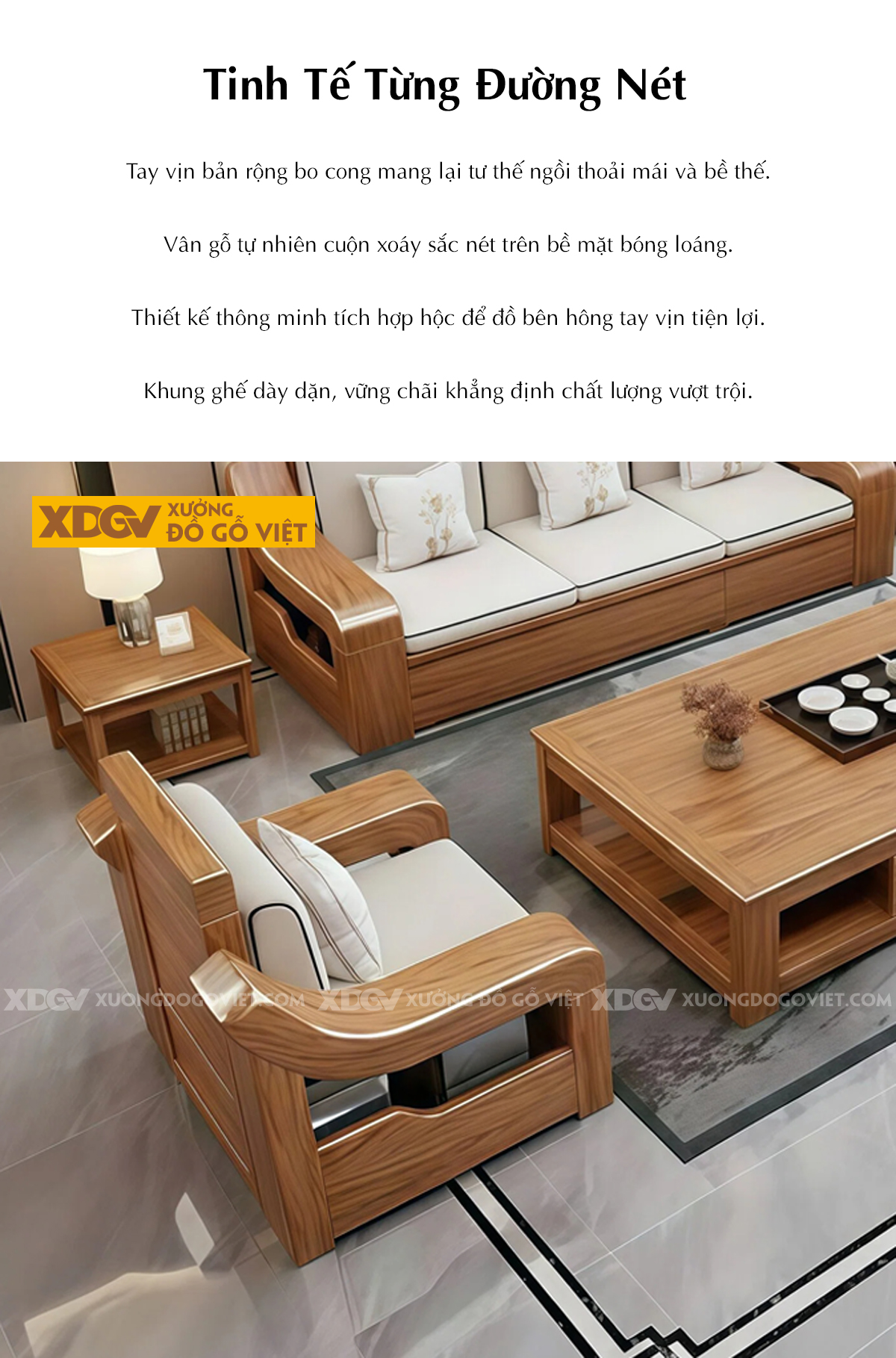 Bộ Sofa Phòng Khách Gỗ Gõ Đỏ Chân Bệt Tay Cong Nghệ Thuật 