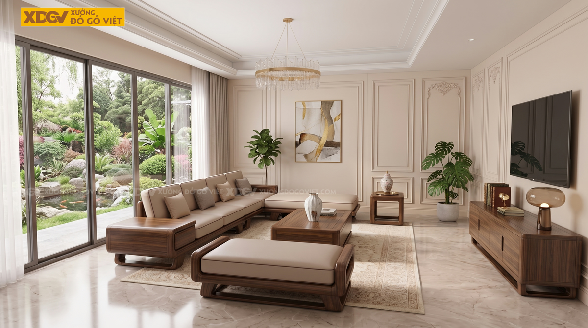 Bộ Sofa Phòng Khách Gỗ Óc Chó 100% Tay Cuộn Liền Sang Trọng