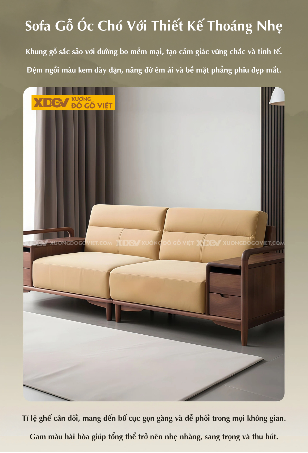 Bộ Sofa Phòng Khách Gỗ Óc Chó Tay Vịn Bản Lớn Dạng Hộp Vuông