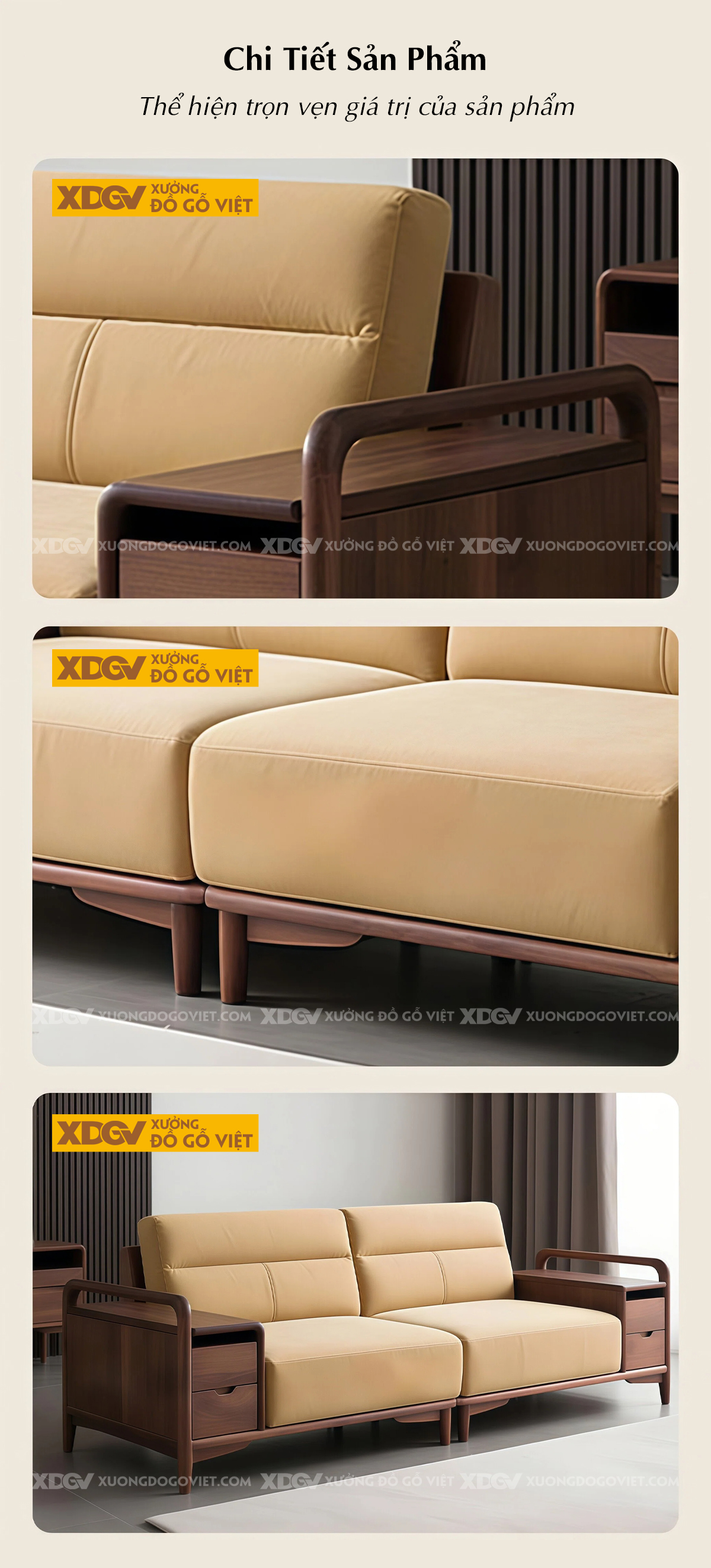 Bộ Sofa Phòng Khách Gỗ Óc Chó Tay Vịn Bản Lớn Dạng Hộp Vuông