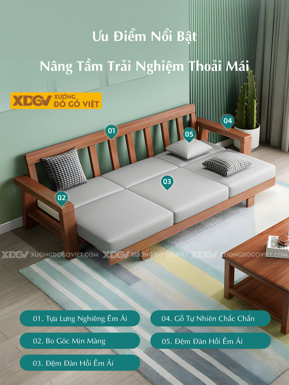 Bộ Sofa Phòng Khách Gỗ Sồi Bọc Nệm Tối Giản Tựa Nan Mới