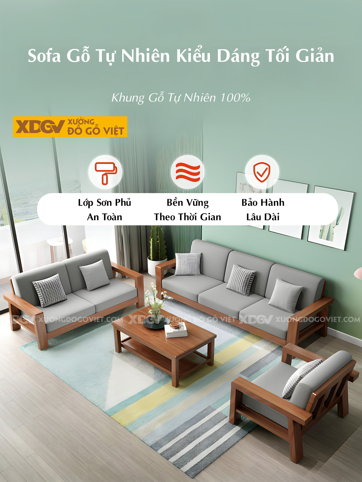 Bộ Sofa Phòng Khách Gỗ Sồi Bọc Nệm Tối Giản Tựa Nan Mới