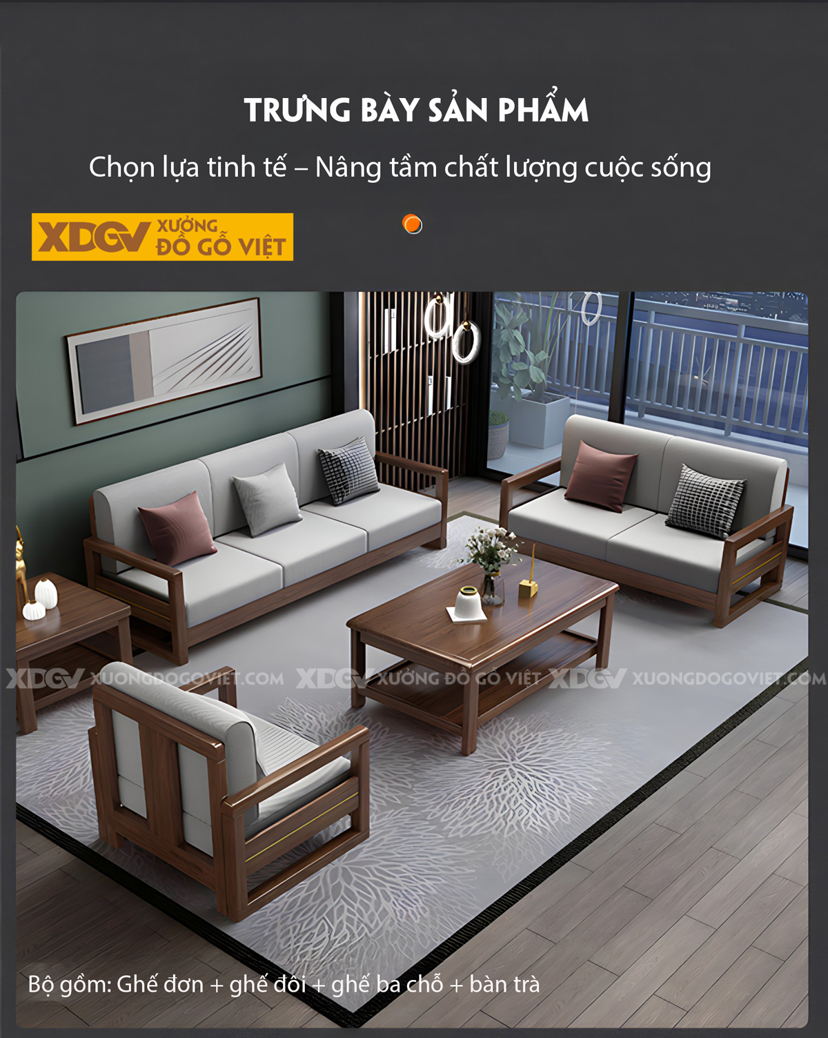 Bộ Sofa Phòng Khách Gỗ Sồi Dạng Khung Ghép Nối Liền Mạch