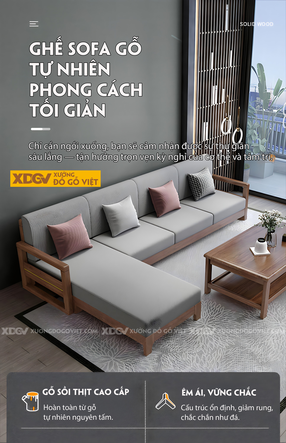Bộ Sofa Phòng Khách Gỗ Sồi Dạng Khung Ghép Nối Liền Mạch