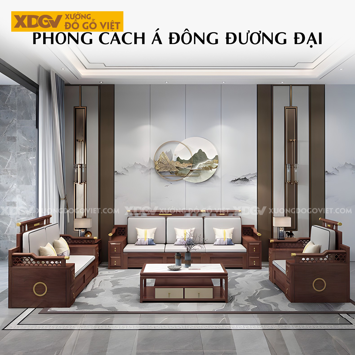 Bộ Sofa Phòng Khách Óc Chó Tân Trung Hoa Cổ Điển Sang Trọng