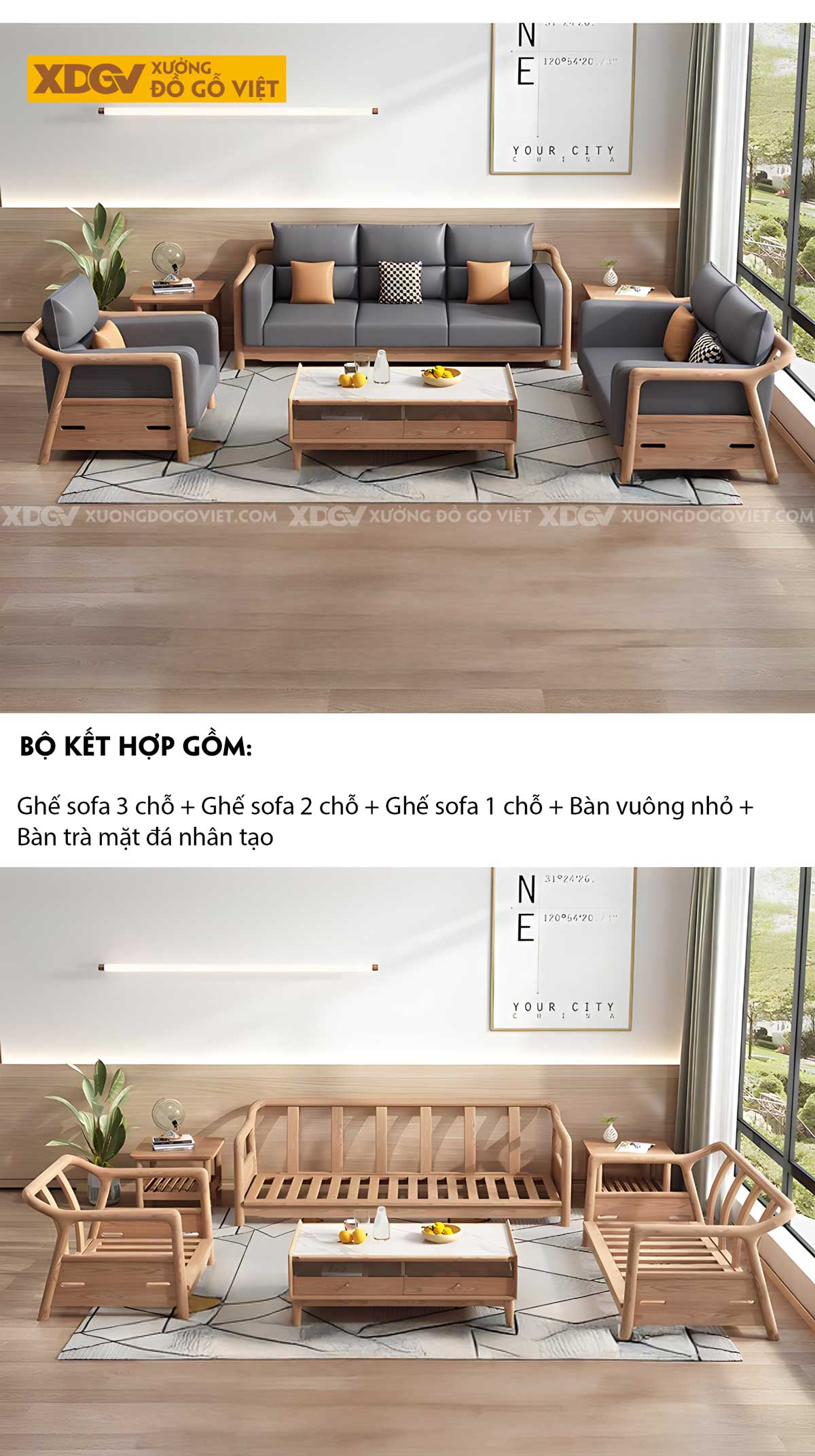 Bộ Sofa Sồi Phòng Khách 2 Văng Khung Nan Lót Nệm Êm Cao Cấp