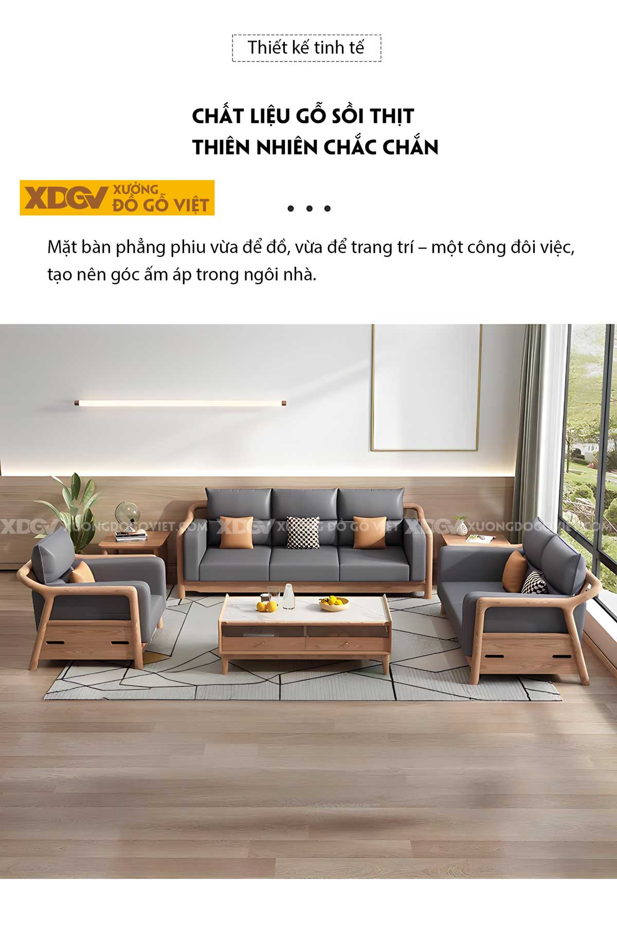 Bộ Sofa Sồi Phòng Khách 2 Văng Khung Nan Lót Nệm Êm Cao Cấp