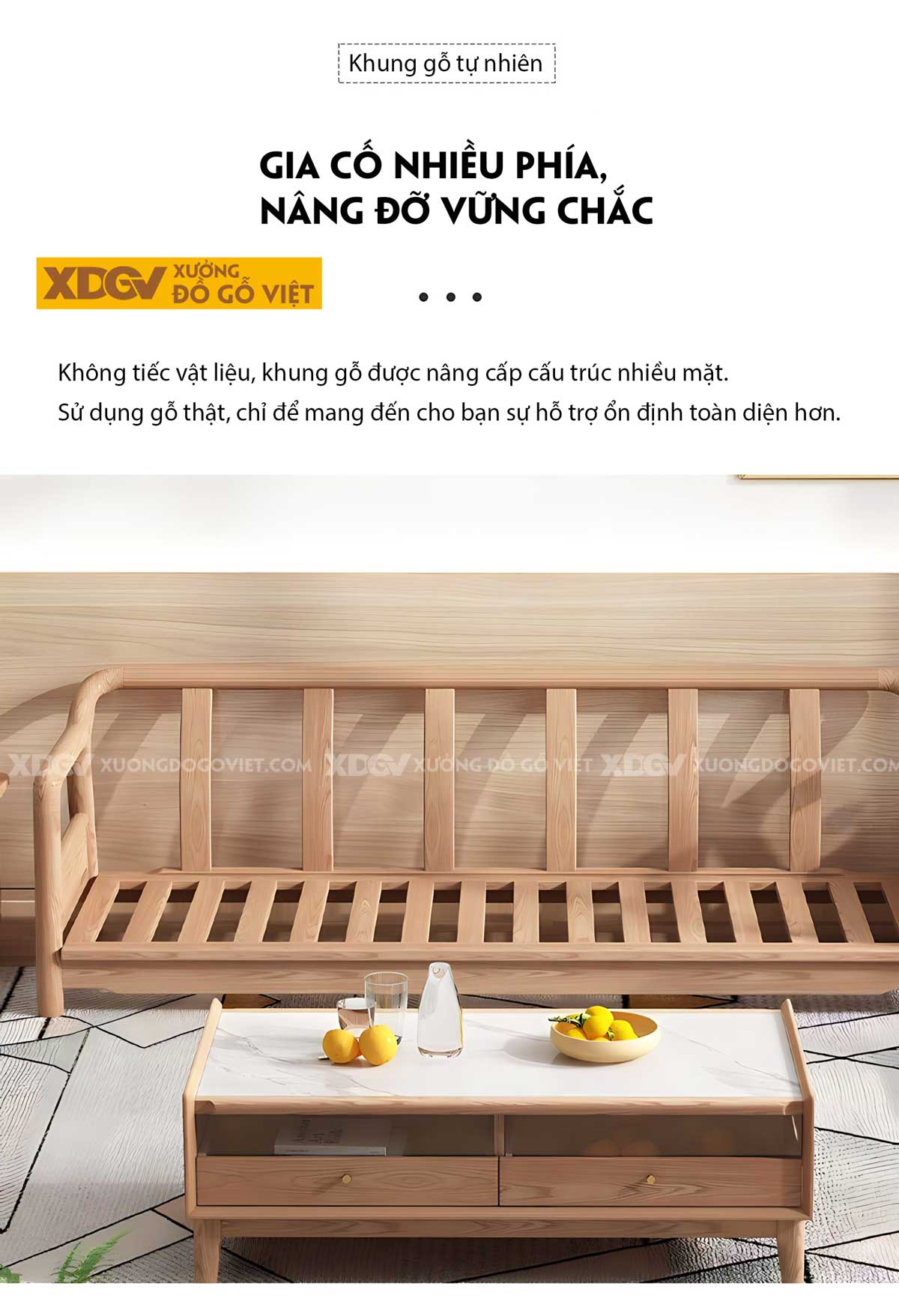 Bộ Sofa Sồi Phòng Khách 2 Văng Khung Nan Lót Nệm Êm Cao Cấp