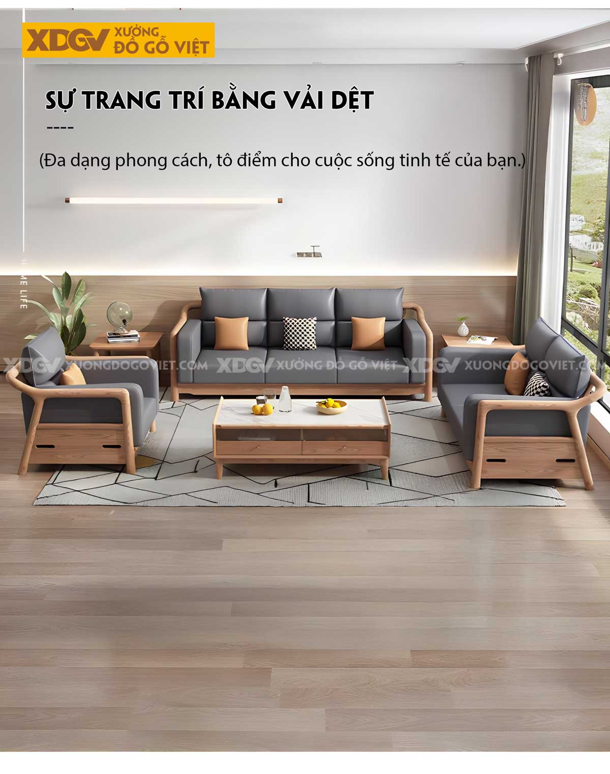 Bộ Sofa Sồi Phòng Khách 2 Văng Khung Nan Lót Nệm Êm Cao Cấp