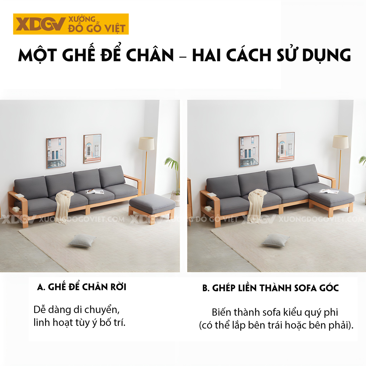 Bộ Sofa Sồi Phòng Khách Tay Vịn Bo Góc Lót Nệm Dày Cao Cấp