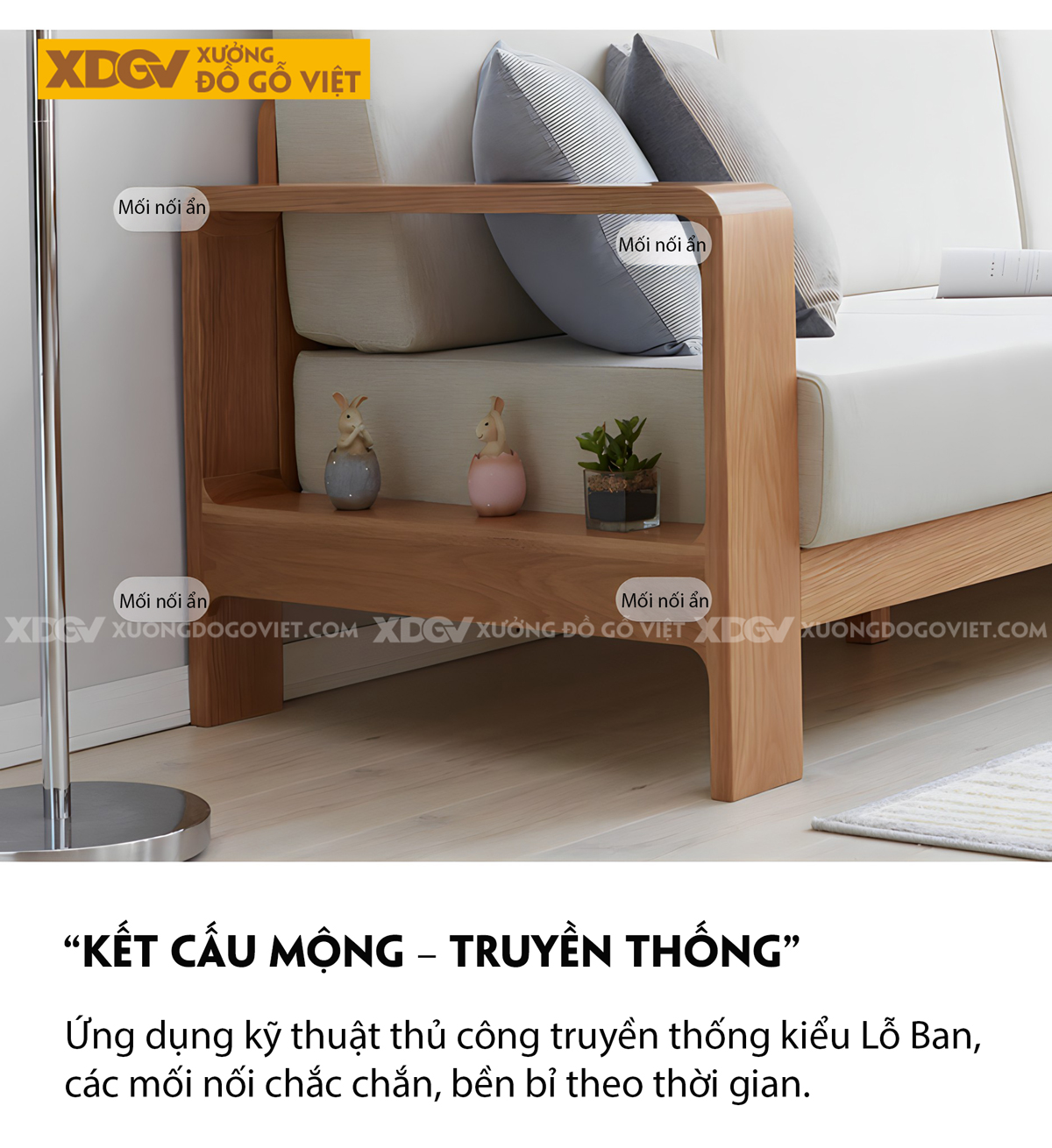 Bộ Sofa Sồi Phòng Khách Tay Vịn Bo Góc Lót Nệm Dày Cao Cấp