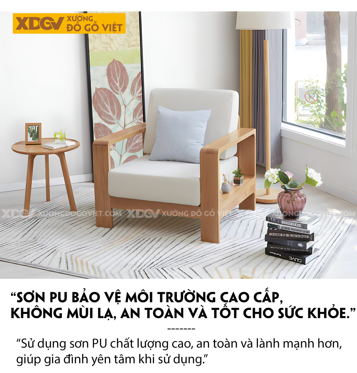 Bộ Sofa Sồi Phòng Khách Tay Vịn Bo Góc Lót Nệm Dày Cao Cấp