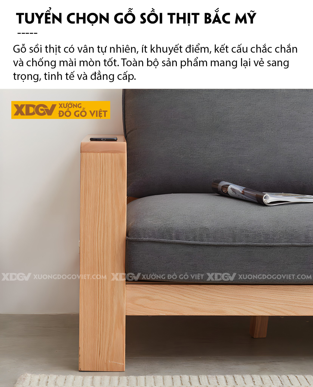 Bộ Sofa Sồi Phòng Khách Tay Vịn Bo Góc Lót Nệm Dày Cao Cấp