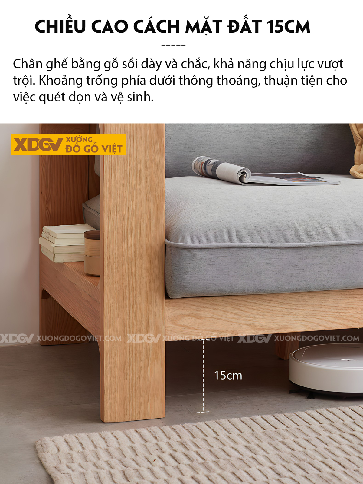 Bộ Sofa Sồi Phòng Khách Tay Vịn Bo Góc Lót Nệm Dày Cao Cấp