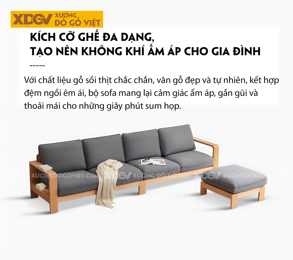 Bộ Sofa Sồi Phòng Khách Tay Vịn Bo Góc Lót Nệm Dày Cao Cấp
