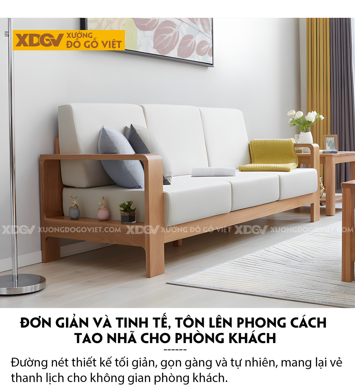 Bộ Sofa Sồi Phòng Khách Tay Vịn Bo Góc Lót Nệm Dày Cao Cấp
