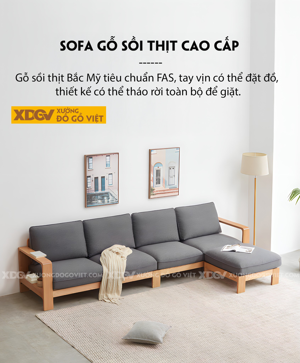 Bộ Sofa Sồi Phòng Khách Tay Vịn Bo Góc Lót Nệm Dày Cao Cấp