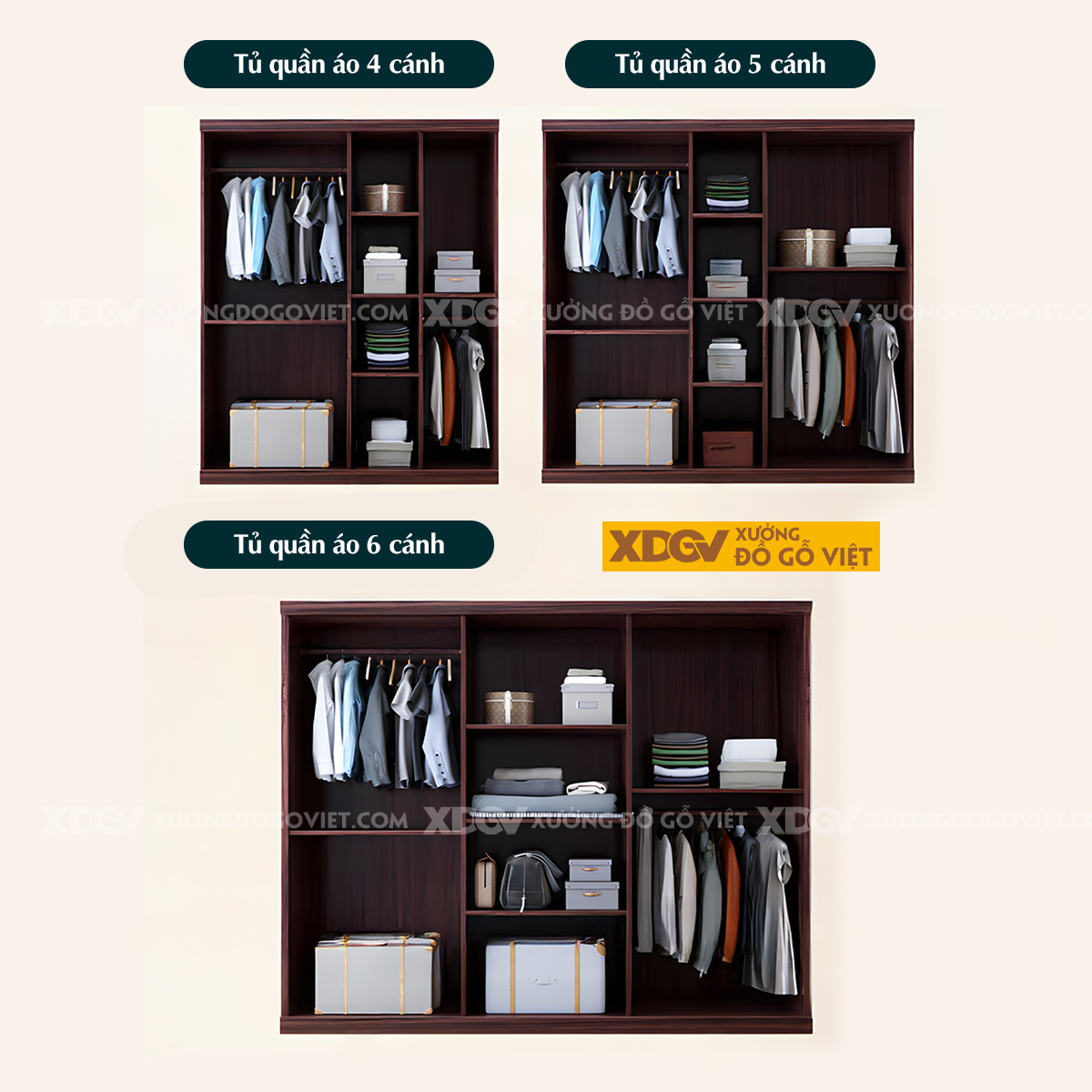 Bộ Tủ Áo Gỗ Lim Hiện Đại Cửa Mở Tay Nắm Dài Đầu Bọc Kim Loại