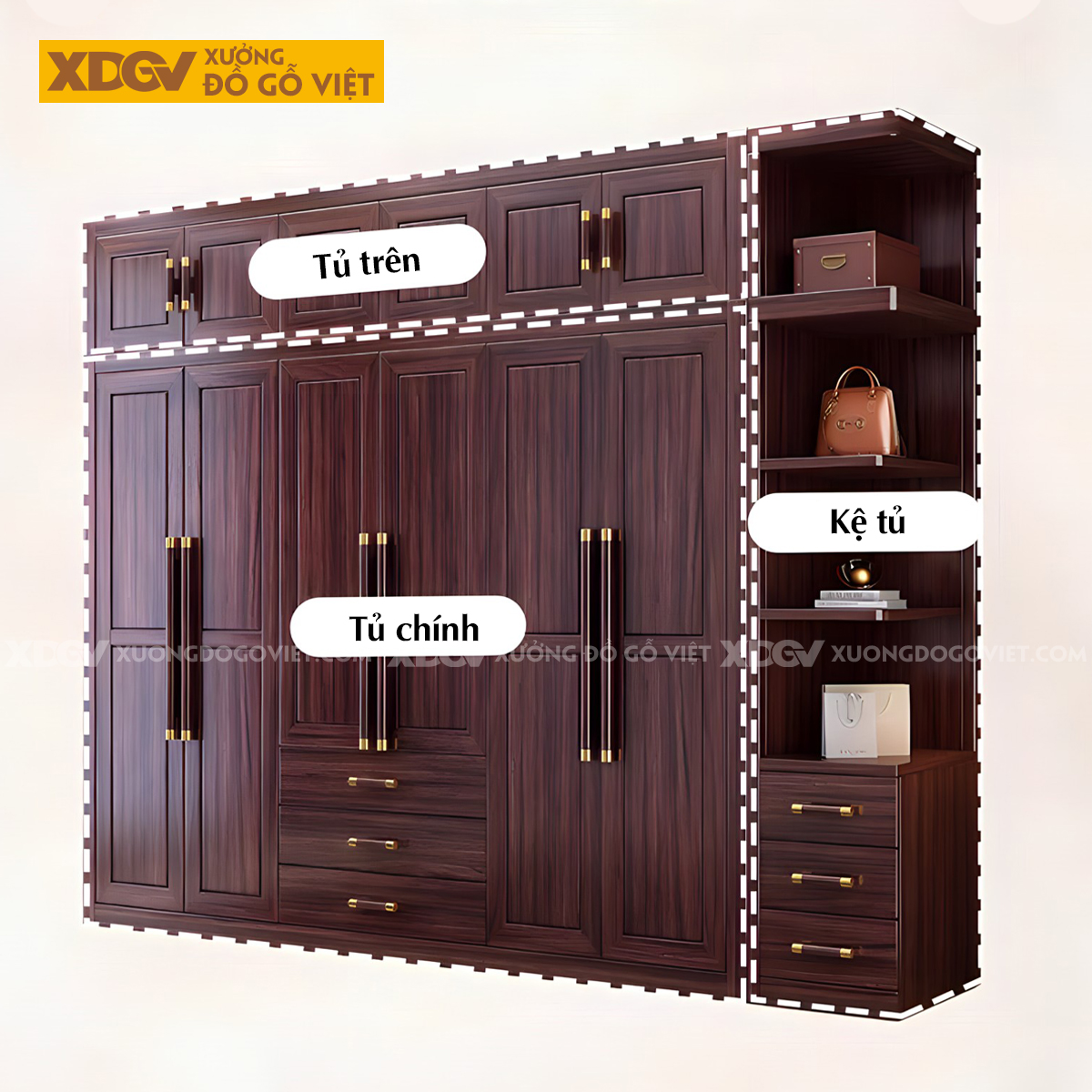 Bộ Tủ Áo Gỗ Lim Hiện Đại Cửa Mở Tay Nắm Dài Đầu Bọc Kim Loại