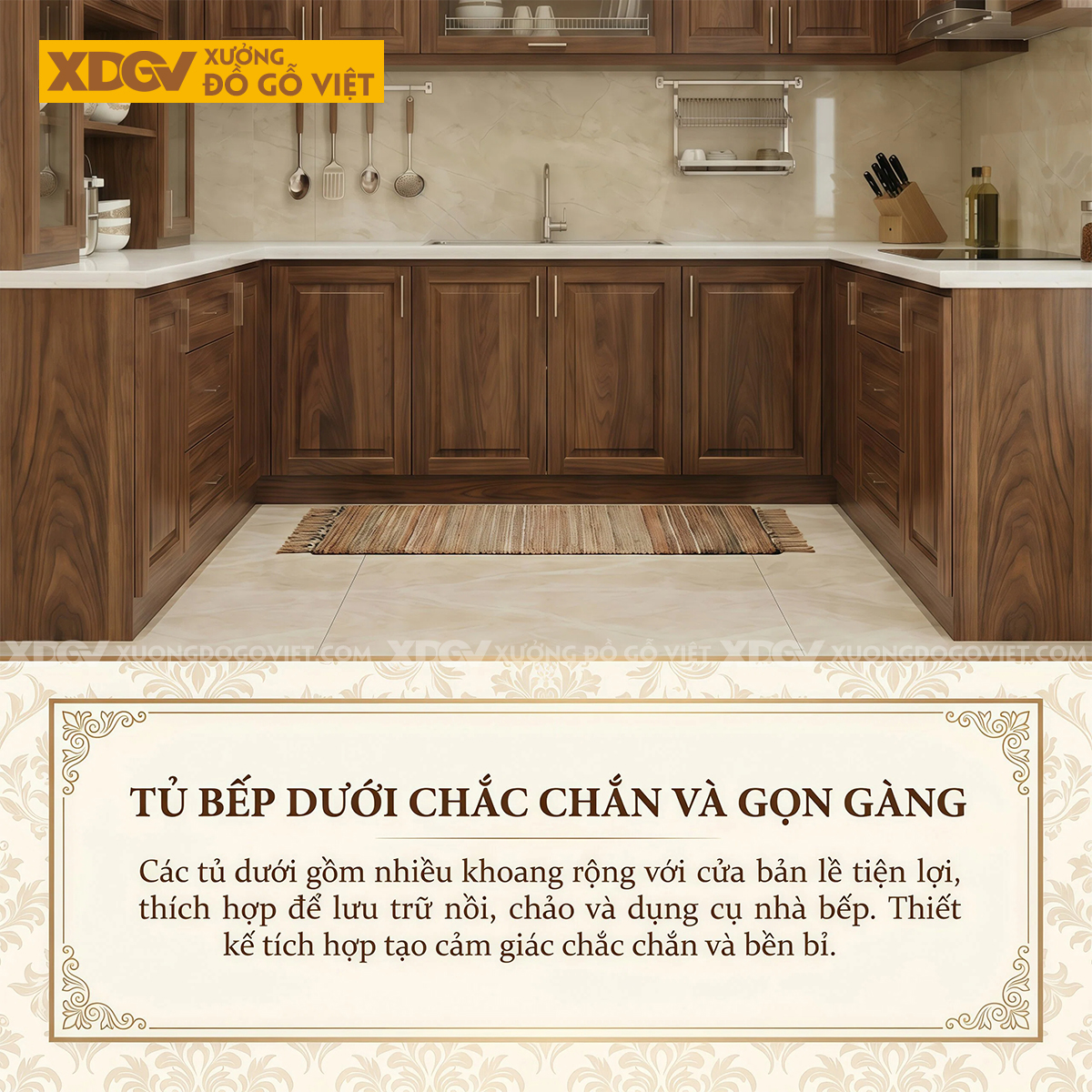 Bộ Tủ Bếp Gia Đình Chữ U Gỗ Óc Chó Tự Nhiên Đẹp Sang Trọng