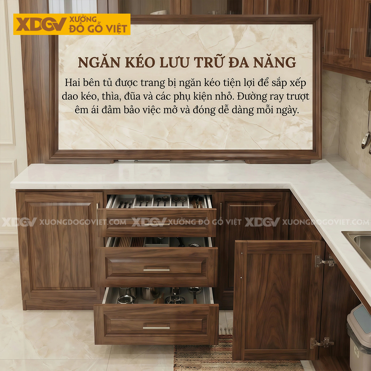Bộ Tủ Bếp Gia Đình Chữ U Gỗ Óc Chó Tự Nhiên Đẹp Sang Trọng