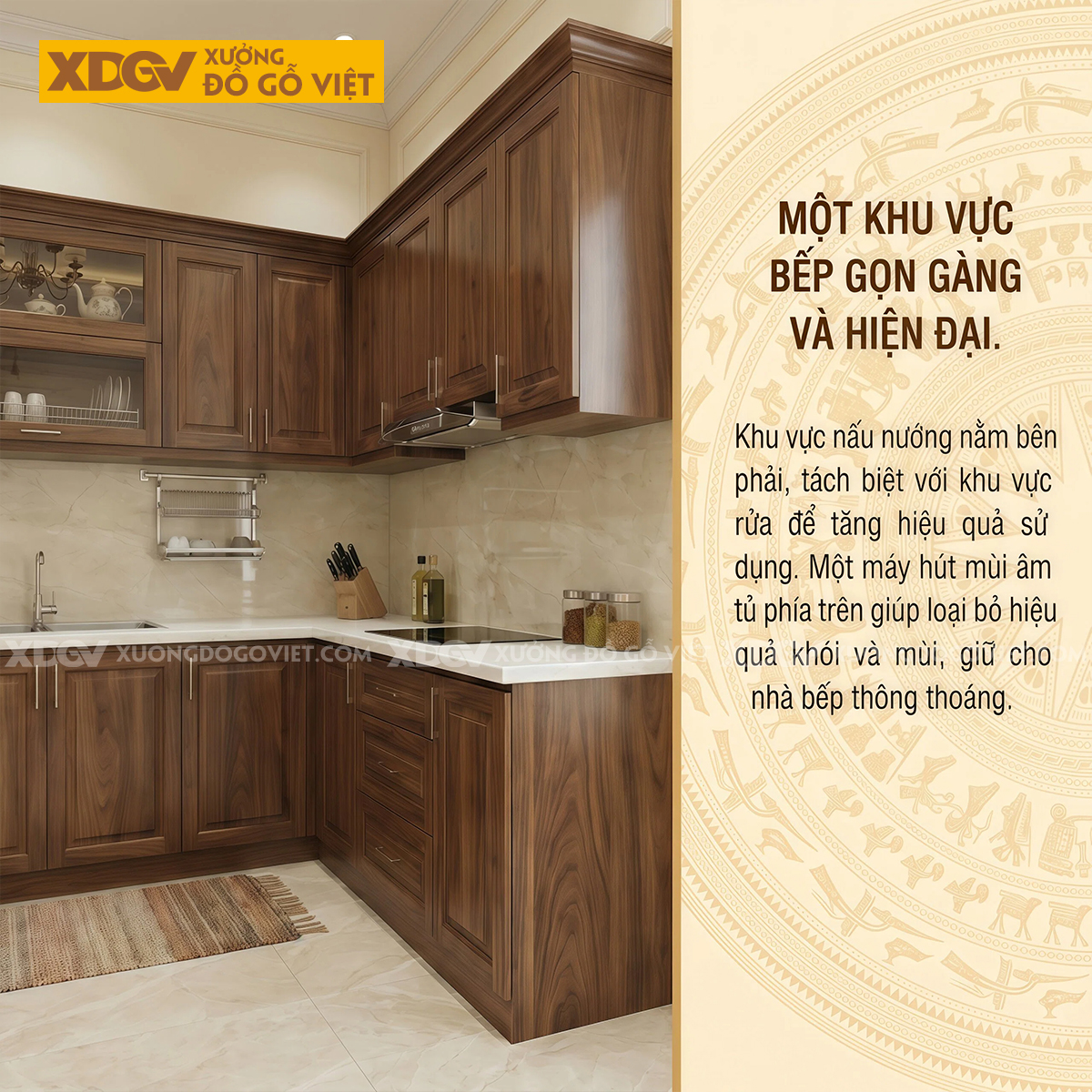 Bộ Tủ Bếp Gia Đình Chữ U Gỗ Óc Chó Tự Nhiên Đẹp Sang Trọng