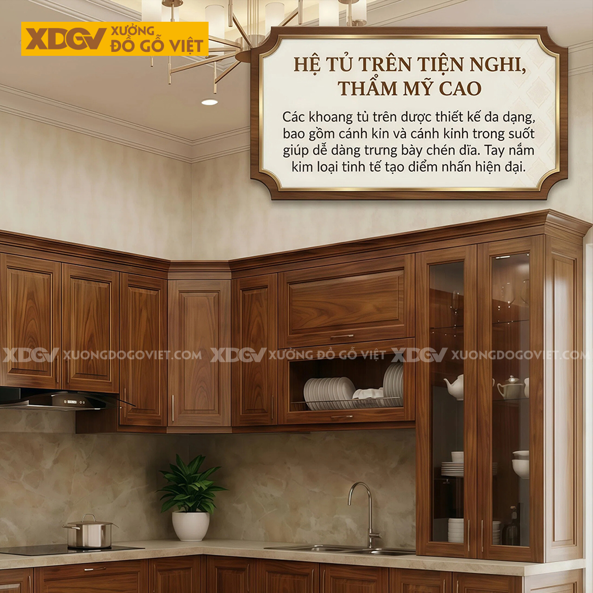 Bộ Tủ Bếp Gỗ Gõ Đỏ Góc L Kèm Tủ Kính Phân Tầng Sang Trọng