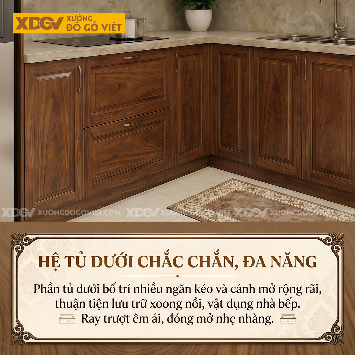 Bộ Tủ Bếp Gỗ Gõ Đỏ Góc L Kèm Tủ Kính Phân Tầng Sang Trọng
