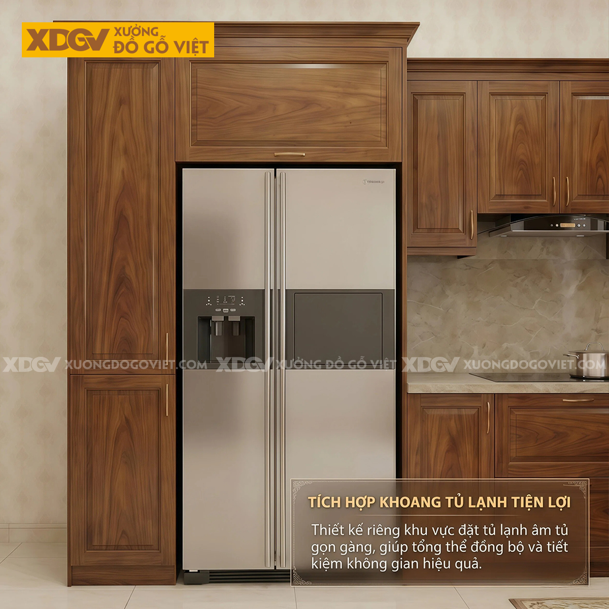 Bộ Tủ Bếp Gỗ Gõ Đỏ Góc L Kèm Tủ Kính Phân Tầng Sang Trọng