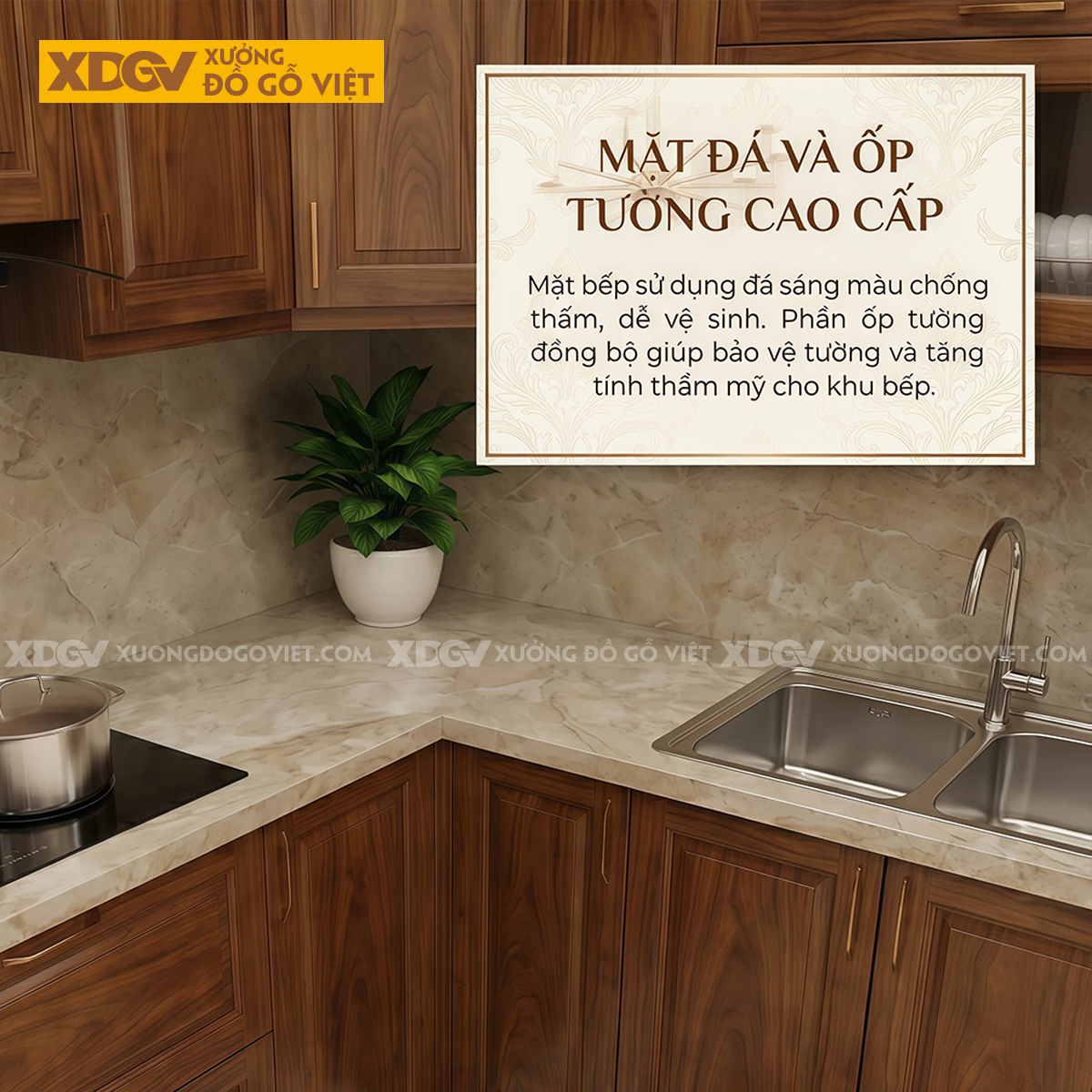 Bộ Tủ Bếp Gỗ Gõ Đỏ Góc L Kèm Tủ Kính Phân Tầng Sang Trọng