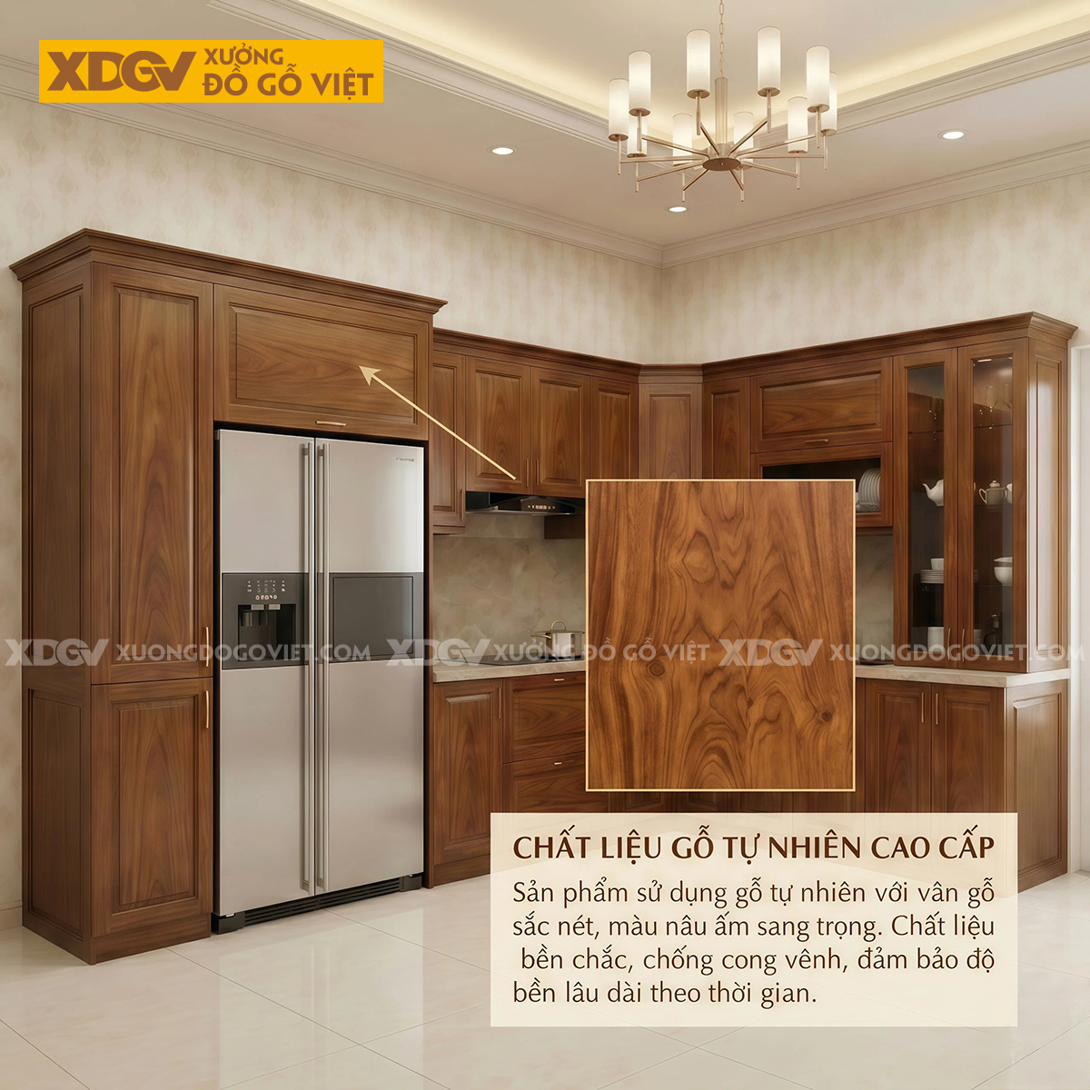 Bộ Tủ Bếp Gỗ Gõ Đỏ Góc L Kèm Tủ Kính Phân Tầng Sang Trọng