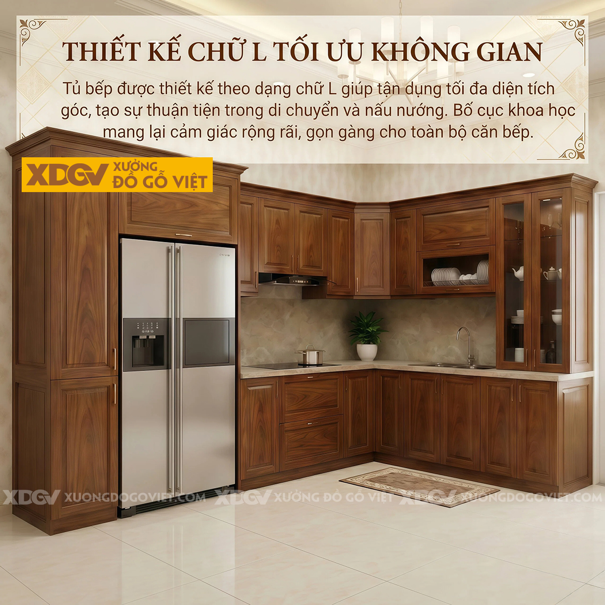 Bộ Tủ Bếp Gỗ Gõ Đỏ Góc L Kèm Tủ Kính Phân Tầng Sang Trọng