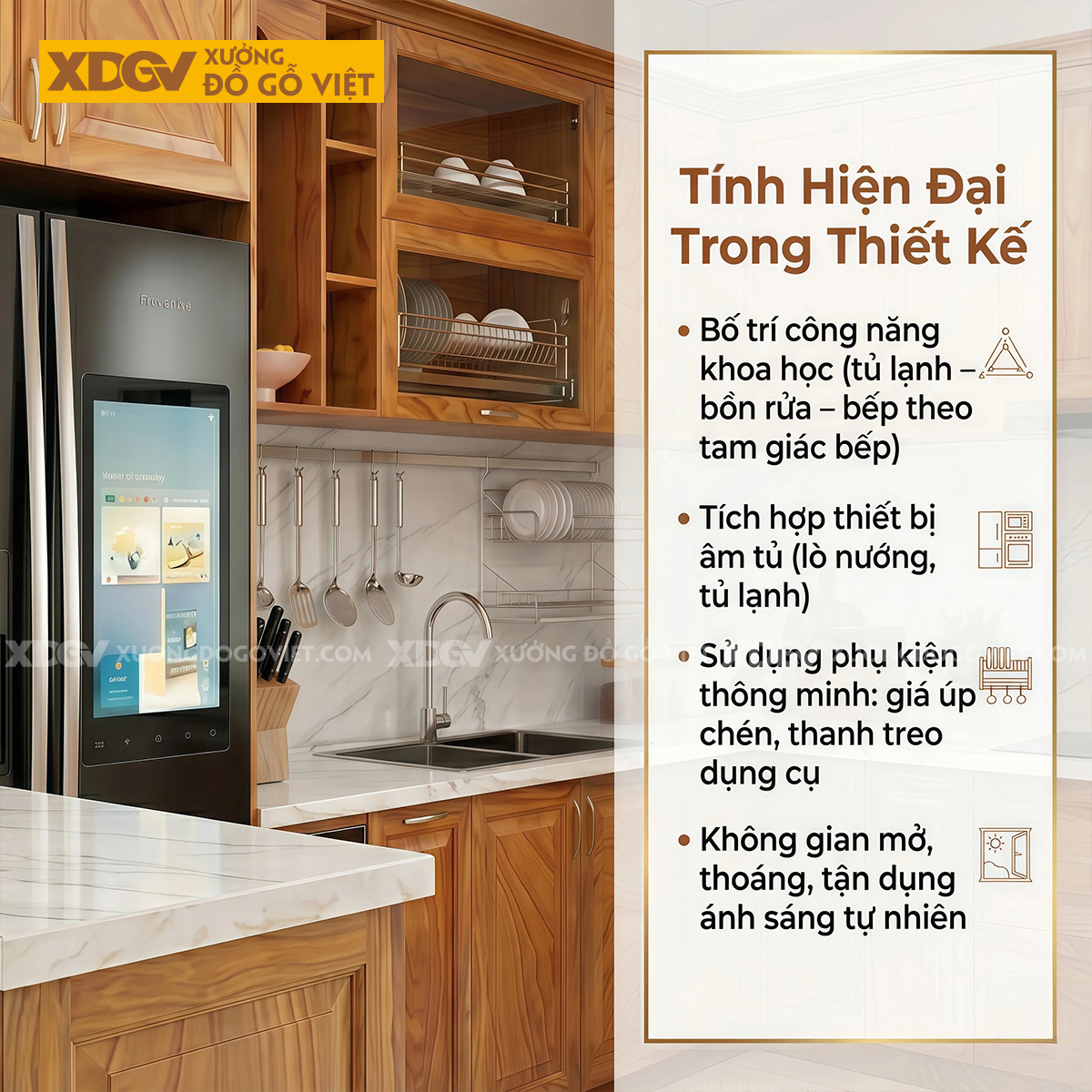 Bộ Tủ Bếp Gỗ Gõ Đỏ Hiện Đại Chữ U Phối Kính Ốp Đá Sang Trọng